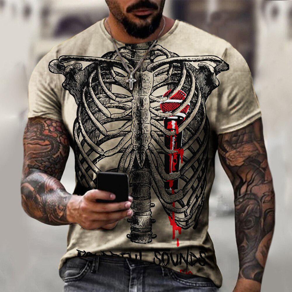 3D Printing X Ray - Herren-T-Shirt mit Röntgen-Skelett-Rippenkasten-Motiv, 3D-Druck, O-Ausschnitt, kurze