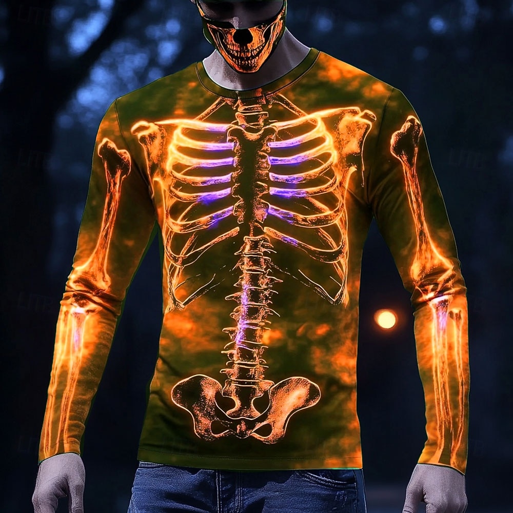 3D Printing X Ray - Herren-T-Shirt mit leuchtendem Röntgen-Skelett, 3D-Druck, langärmelig,